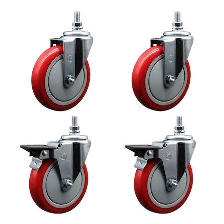Service Caster 5 Inch Red Polyurethane 12 Inch Threaded Stem Caster Set 2 Brakes SCC SCC-TS20S514-PPUB-RED-121315-2-PLB-2